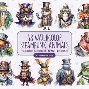 48 Watercolor Steampunk Animals Clipart - Scrapbook, Clockwork Style, Fantasy Images, Clipart Bundle, Instant PNGs download, Commercial Use