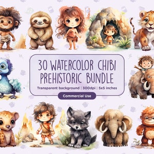 30 Acuarela Chibi Lindo Prehistórico Clipart - Cavernícola, Mujer Cavernícola, Mamut lanudo, Edad de Piedra, Dino, Descarga digital instantánea, Uso comercial