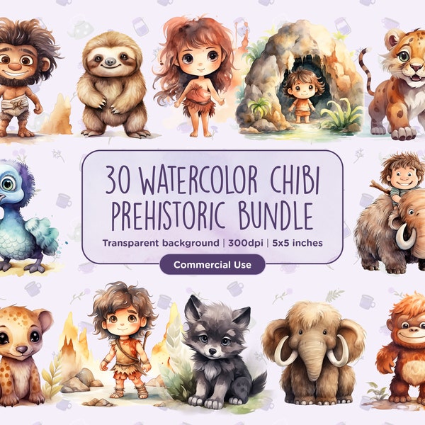 30 Watercolor Chibi Cute Prehistoric Clipart - Caveman, Cavewoman, Woolly Mammoth, Stone Age, Dino, Instant digital download, Commercial Use