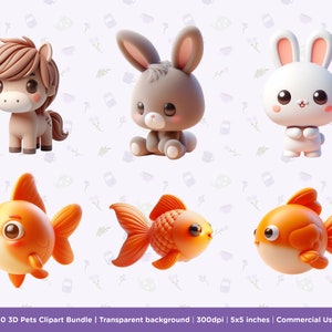 K&ouml;nnte beinhalten: Ein Set mit 3D-Cartoon-Tier-Clipart mit einem braunen Pferd, einem grauen Kaninchen, einem wei&szlig;en Kaninchen und zwei orangefarbenen Goldfischen. Die Tiere sind in einem niedlichen Cartoon-Stil mit gro&szlig;en Augen und freundlichen Gesichtsausdr&uuml;cken dargestellt. Der Hintergrund ist transparent.