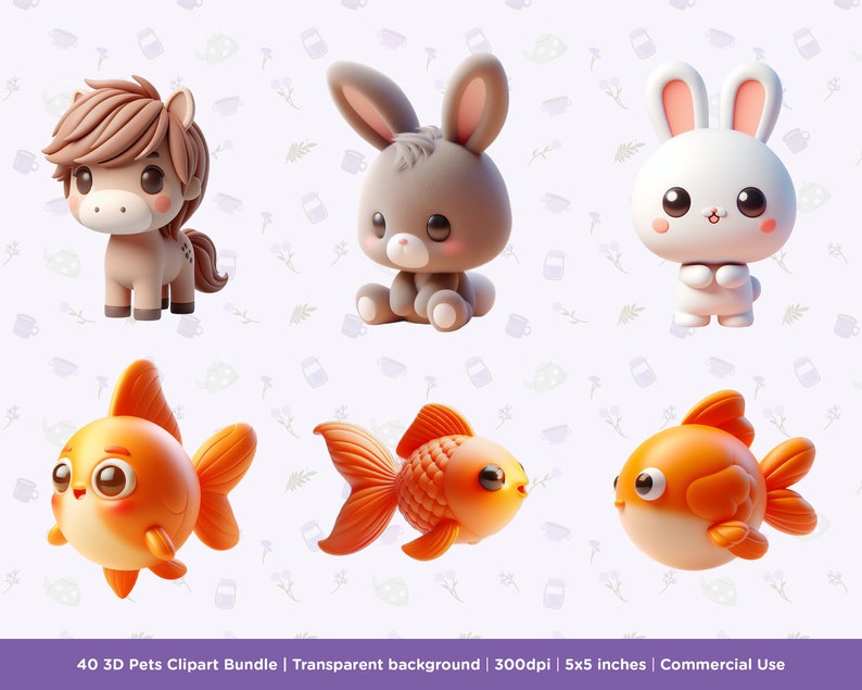 K&ouml;nnte beinhalten: Ein Set mit 3D-Cartoon-Tier-Clipart mit einem braunen Pferd, einem grauen Kaninchen, einem wei&szlig;en Kaninchen und zwei orangefarbenen Goldfischen. Die Tiere sind in einem niedlichen Cartoon-Stil mit gro&szlig;en Augen und freundlichen Gesichtsausdr&uuml;cken dargestellt. Der Hintergrund ist transparent.