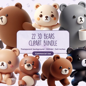 22 Clipart animali orsi 3D - Orsi grizzly, orso bruno, orsacchiotto carino, animali dei cartoni animati, design 3D stampabile, download istantaneo, uso commerciale