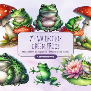 25 cliparts aquarelle grenouilles vertes - étang, nénuphar, lunatique, cottagecore, crapauds, grenouille, têtard, champignon, téléchargement immédiat, usage commercial