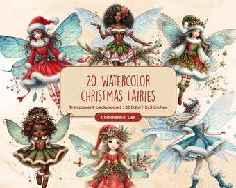 May include: 20 watercolor Christmas fairies with transparent backgrounds. The fairies are wearing red, green, blue, and white dresses with wings and are holding holly and other festive elements.