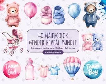 40 Watercolor Gender Reveal Bundle Clipart, Baby nursery Decor, Baby Shower Clip Art, pink and blue. Welcome Baby invitation art, boy girl