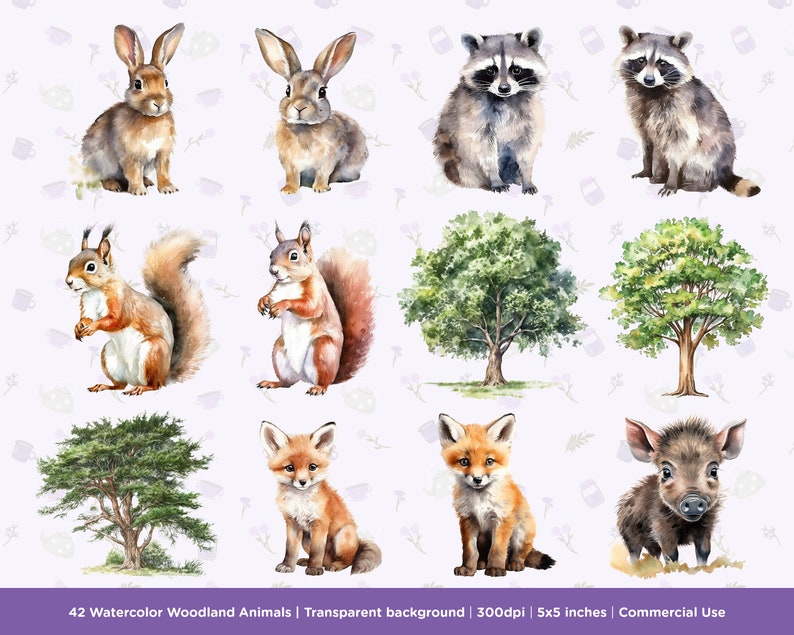 42 Watercolor Woodland Animals Clipart - Bear, Trees, Badgers, Owls ...