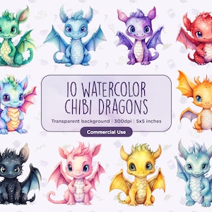 10 imágenes prediseñadas de dragones chibi en acuarela: lindas, chibi, ilustraciones de libros infantiles, fantasía, magia, descarga digital instantánea, uso comercial