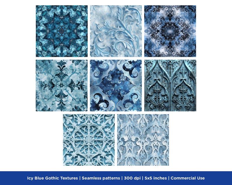 16 Icy Blue Gothic Textures, Seamless Patterns - Cold, Winter, Ice Blue ...