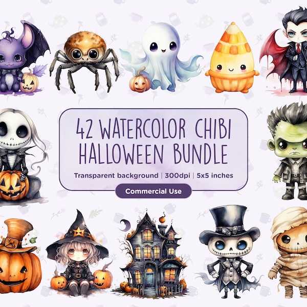 42 Watercolor Chibi Halloween Clipart - Jack-O-Lantern, Witch, Ghost, Spider, Bat, Zombie, PNGs, Vampire, Instant download, Commercial Use