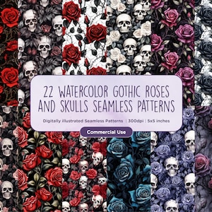 22 modèles sans couture aquarelle gothique de roses noires et de têtes de mort - gothiques, squelettes, Halloween, macabre, papier de scrapbooking, roses, usage commercial
