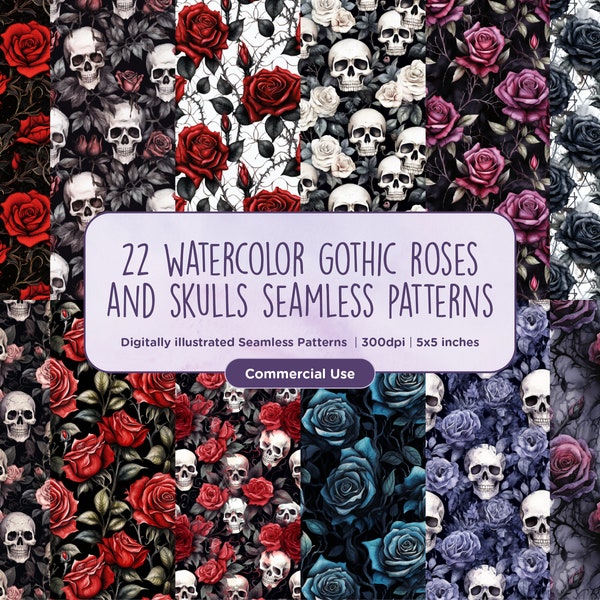 22 Watercolor Gothic Black Rose and Skulls Seamless Patterns - Goth, Skeletons, Halloween, Macabre, Scrapbook Paper, Roses, Commercial Use