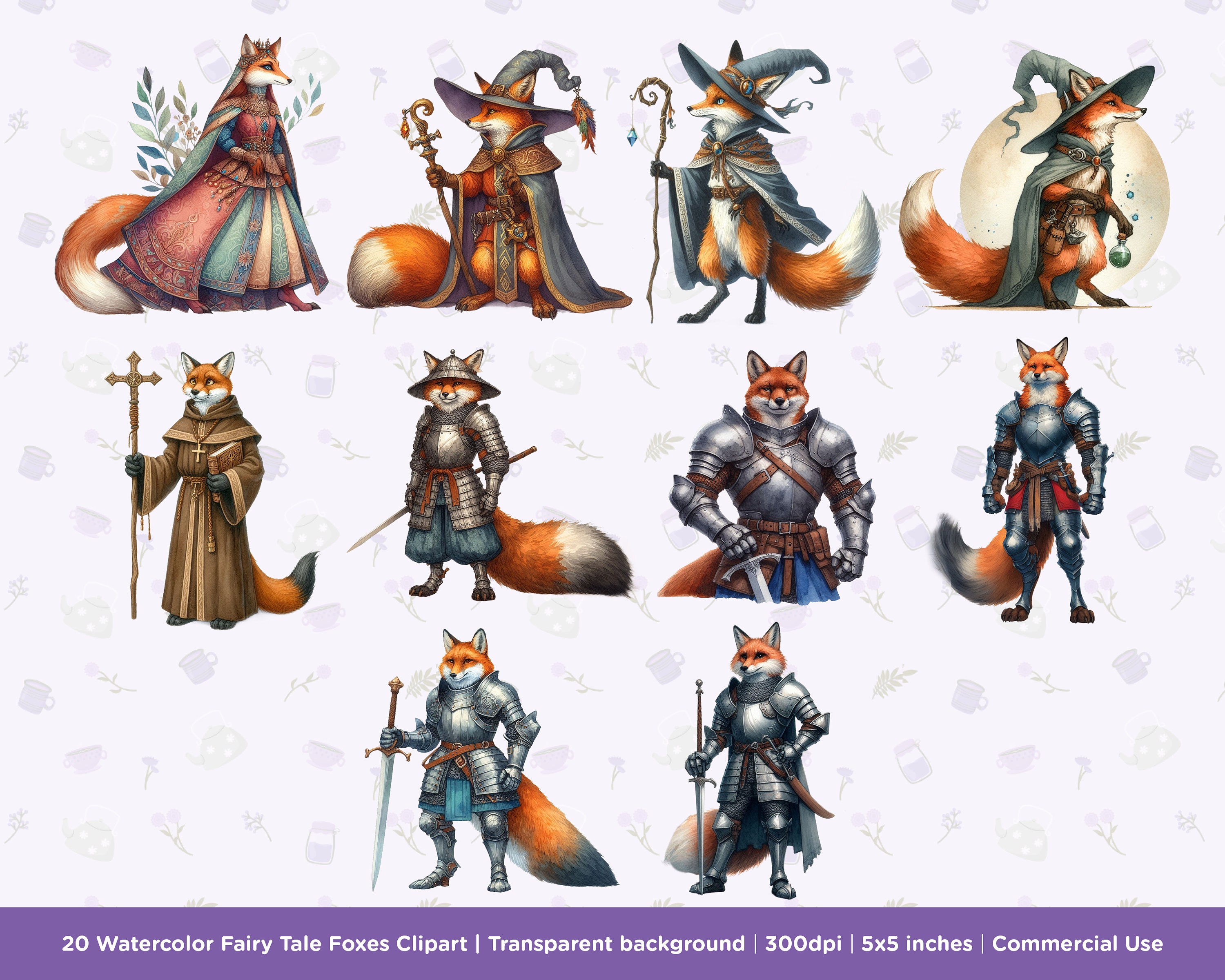 Vector Fox Medieval 20 Watercolor Fairy Tale Foxes Clipart Wizard,princess,medieval,knight ...