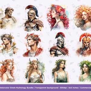 May include: A set of 44 watercolor illustrations of Greek mythology figures. The illustrations are in a painterly style and feature a variety of characters, including gods, goddesses, and heroes. The illustrations are perfect for use in digital scrapbooking, card making, and other creative projects.