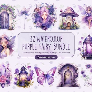 32 cliparts de fée violette aquarelle - fées magiques, lutins, portes magiques, papillons, ailes, téléchargement numérique instantané, usage commercial