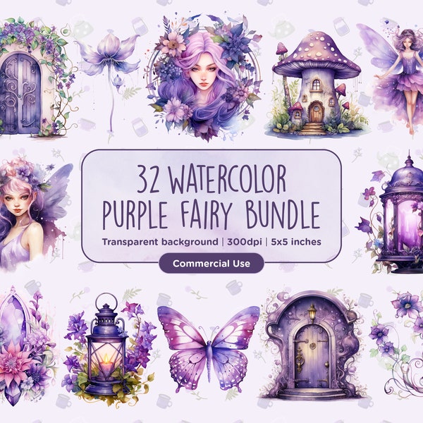 32 Watercolor Purple Fairy Clipart - Magical Fairies, Pixies, Magic Doorways, Butterflies, Wings, Instant digital download, Commercial Use