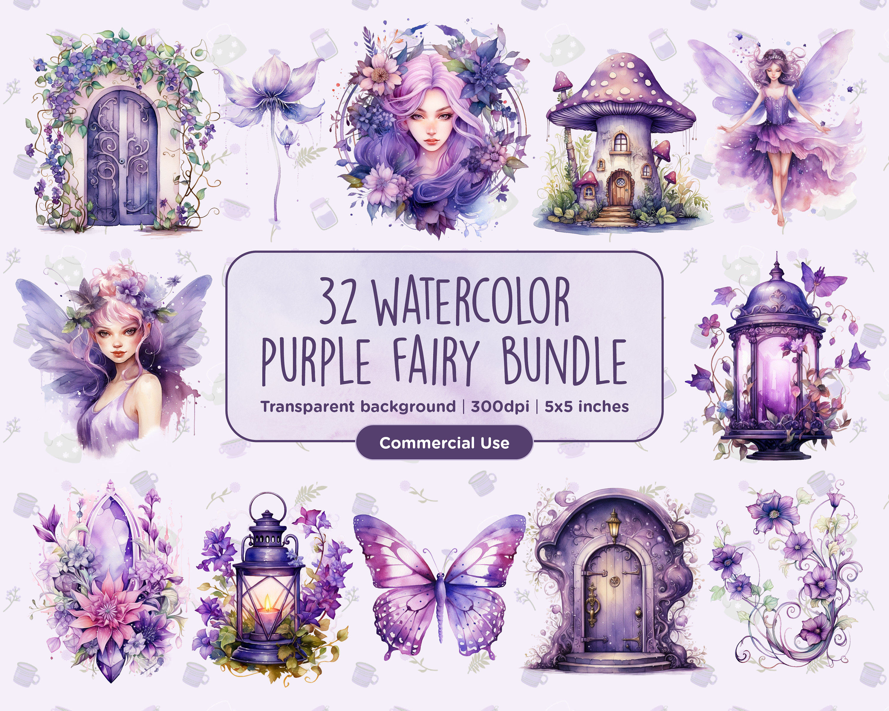 32 Watercolor Purple Fairy Clipart - Magical Fairies, Pixies, Magic ...