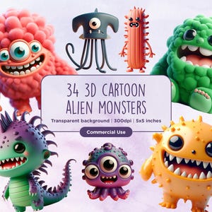 34 3D Cartoon Alien Monster Clipart - Kreaturen, Toon, Kinder, lustig, Außerirdische, Niedlich, Monster, PNGs, digitaler Download, kommerzielle Nutzung