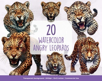 20 Aquarell böse Leoparden Clipart - Wild, Wildtiere Kunst, Tiere Clipart, Raubkatzen, Printables, Sublimation, Sofort, kommerzielle Nutzung