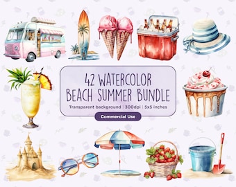 42 Watercolor Beach Summer Clipart - Ice Cream, Cocktails, Surfing, Beach, Summer Fun, Volleyball, Instant digital download, Commercial Use