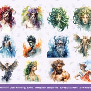 May include: A set of 44 watercolor illustrations of Greek mythology figures. The illustrations are in a painterly style and feature a variety of gods, goddesses, and mythical creatures. The illustrations are on a transparent background and are perfect for digital projects.