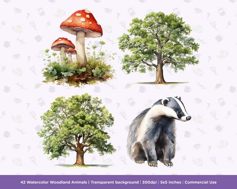 42 Watercolor Woodland Animals Clipart - Bear, Trees, Badgers, Owls ...