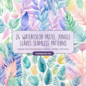 24 Aquarell Pastell Dschungel Blätter Muster - Kinder, Safari, Blatt, Bäume, weich, zart, Regenwald, digitales Papier, kommerzielle Nutzung