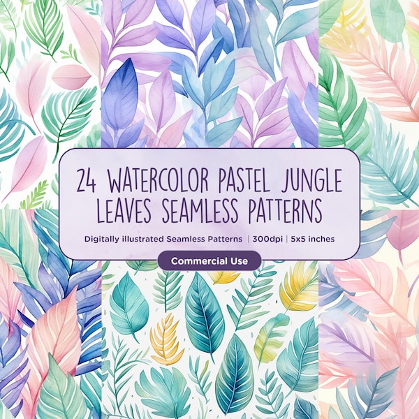 24 Watercolor Pastel Jungle Leaves Seamless Patterns - Kids, Safari, Leaf, Trees, Soft, Delicate, Rainforest, Digital Paper, Commercial Use