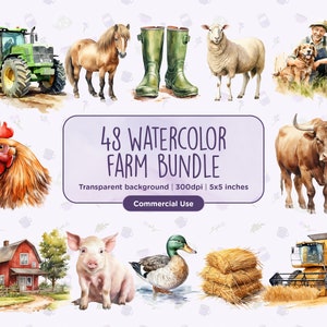 48 Watercolor Farm Clipart - Farm Animals, Cows, Horses, Chickens, Hen, Barn, Tractor, Donkey, Hay, Instant digital download, Commercial Use