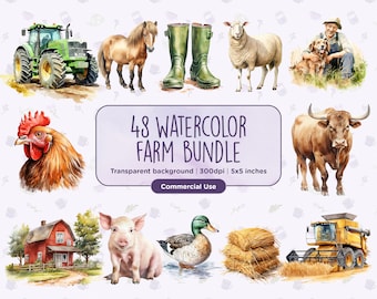 48 Watercolor Farm Clipart - Farm Animals, Cows, Horses, Chickens, Hen, Barn, Tractor, Donkey, Hay, Instant digital download, Commercial Use