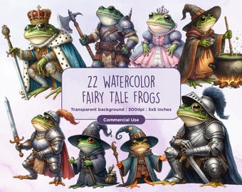 22 Clipart di rane da favola ad acquerello - Mago, Principessa, Medievale, Cavaliere, Re, Regina, Spada, Fantasy, Download digitale istantaneo, Uso commerciale