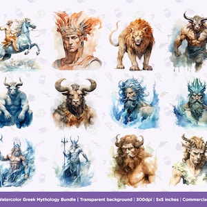 May include: A set of 44 watercolor illustrations of Greek mythology figures. The illustrations are on a transparent background and feature characters like Medusa, Poseidon, and the Minotaur.