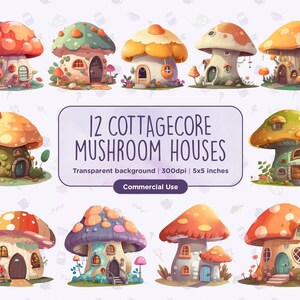 12 illustrations numériques cosy Cottagecore champignons maisons Clipart - forêt magique, forêt fantastique confortable, téléchargement immédiat, usage Commercial