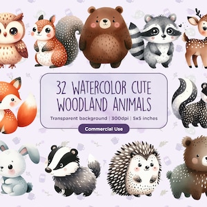 32 Clipart de animais fofos da floresta em aquarela - fofos, ilustrações de livros infantis, animais, PNGs, download digital instantâneo, uso comercial