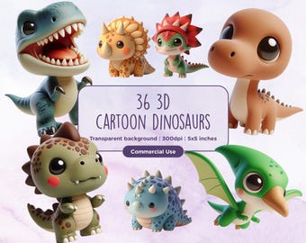 Könnte beinhalten: 36 3D-Cartoon-Dinosaurier mit transparenten Hintergründen. Die Dinosaurier sind in verschiedenen Posen und Farben, darunter Grün, Blau, Braun und Orange. Sie sind alle süß und freundlich aussehend.  36 3D-Cartoon-Dinosaurier. Transparenter Hintergrund. 300dpi. 5x5 Zoll. Kommerzielle Nutzung.