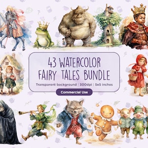 43 imágenes prediseñadas de cuentos de hadas en acuarela: mágicos, princesas, medievales, Cenicienta, Blancanieves, fantasía, descarga digital instantánea, uso comercial