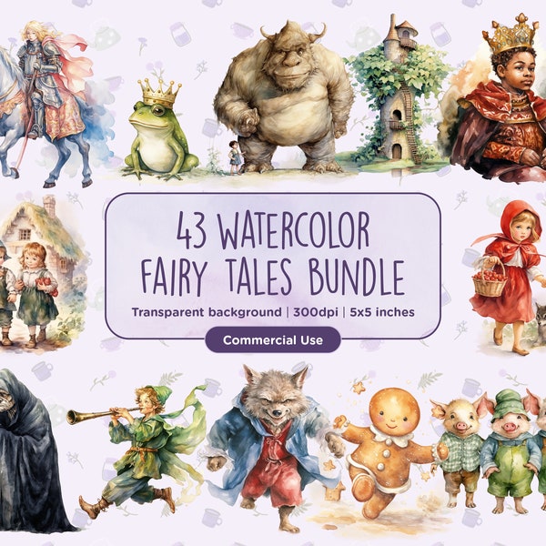 43 Aquarell Fairy Tales Clipart - Magisch, Prinzessin, Mittelalter, Cinderella, Schneewittchen, Fantasy, Sofortiger digitaler Download, kommerzielle Nutzung