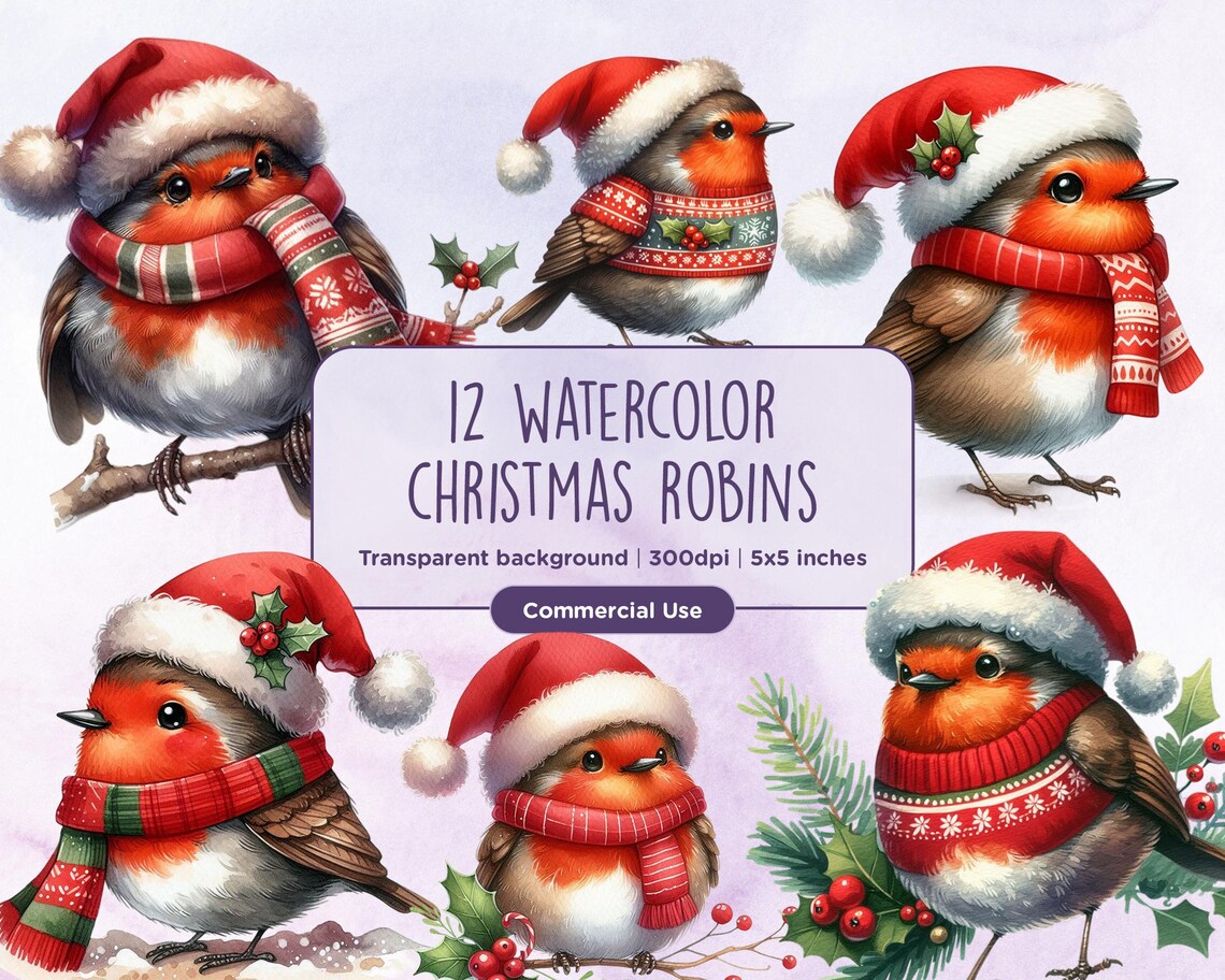12 Watercolor Christmas Robins Clipart - PNG Winter Clipart PNG Santa ...