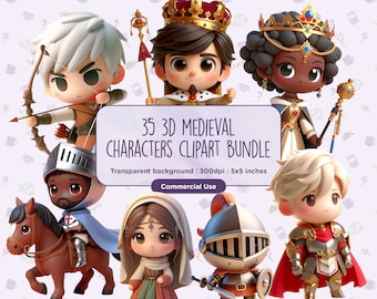 Könnte beinhalten: 35 3D mittelalterliche Charaktere Clipart Bundle. Ein Set aus 3D-Cartoon-Charakteren in mittelalterlicher Kleidung, darunter ein König, eine Königin, ein Ritter, ein Bogenschütze und eine Frau in einem langen Kleid. Die Charaktere befinden sich auf einem weißen Hintergrund mit einem violetten Blumenmuster.