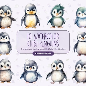 10 pingüinos chibi en acuarela - Imágenes prediseñadas - Lindos, chibi, ilustraciones de libros infantiles, animales, PNG, descarga digital instantánea, uso comercial