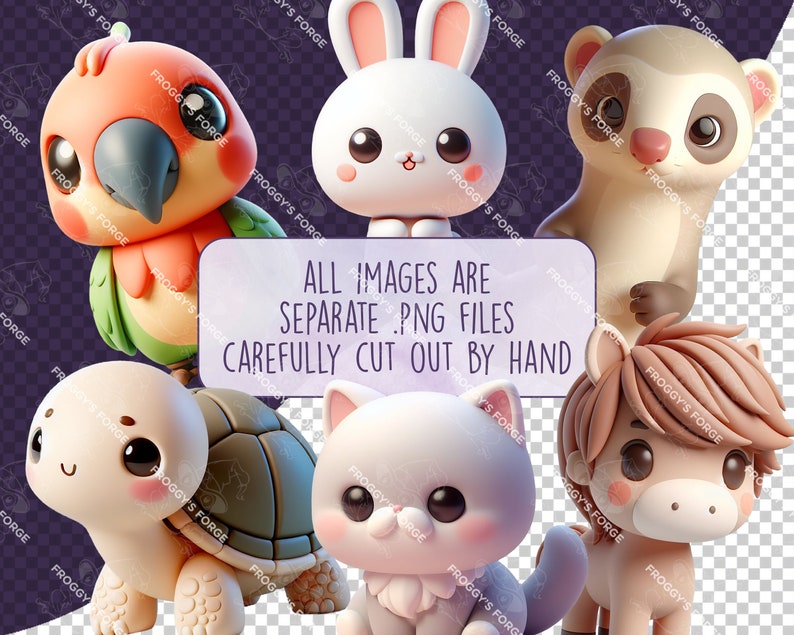 K&ouml;nnte beinhalten: Ein Set mit sechs niedlichen Comic-Tierfiguren, darunter ein Papagei, ein Kaninchen, ein Frettchen, eine Schildkr&ouml;te, eine Katze und ein Pferd. Die Figuren sind aus einem weichen, 3D-&auml;hnlichen Material gefertigt und haben gro&szlig;e, ausdrucksstarke Augen.