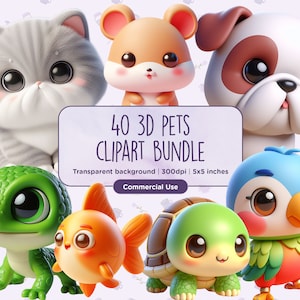 40 3D-huisdieren clipart - schattig, stripfiguren, puppy's, kittens, hagedissen, slangen, schildpad, goudvis, huisdier, vogels, Instant download, commercieel gebruik