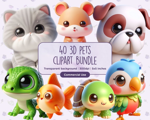 40 3D Pets Clipart - Cute, Cartoon Characters,Puppies,Kittens,Lizards,Snakes,Tortoise, Goldfish,Pet, Birds, Instant download, Commercial Use
