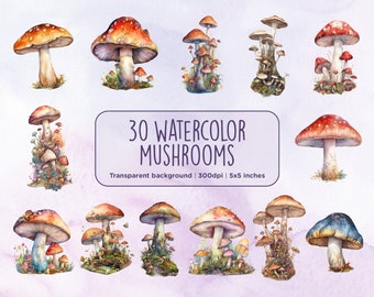 30 imágenes prediseñadas de hongos en acuarela: hongos mágicos del bosque encantado, estilo cottagecore de bosque de fantasía, descarga digital instantánea, uso comercial