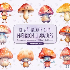10 aquarelles champignons personnages Clipart - chibi champignons magiques de la forêt, Fantasy Cottagecore, téléchargement immédiat, usage Commercial