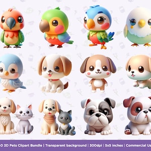 K&ouml;nnte beinhalten: Ein Set mit 40 digitalen Clipart-Bildern mit niedlichen Cartoon-Tieren, darunter Papageien, V&ouml;gel, Hunde und Katzen. Die Bilder sind im 3D-Stil gehalten und haben einen transparenten Hintergrund.