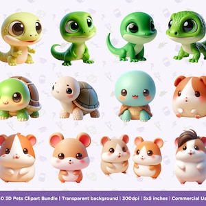 K&ouml;nnte beinhalten: Ein Set mit 40 3D-Cartoon-Tier-Clipart-Bildern. Die Bilder zeigen eine Vielzahl von Tieren, darunter Schildkr&ouml;ten, Hamster und Eidechsen. Die Tiere sind alle in einem niedlichen Cartoon-Stil gehalten und haben gro&szlig;e, ausdrucksstarke Augen. Die Bilder sind perfekt f&uuml;r die Verwendung in digitalem Scrapbooking, Kartenherstellung und anderen Bastelprojekten.