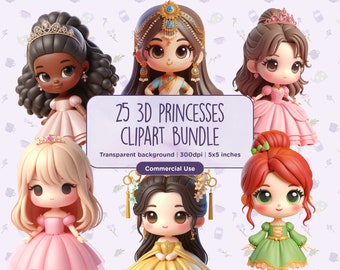 25 3D Princesses Clipart - Magical, Princess, Medieval, Cinderella, Queen, Snow White, Fantasy,Girl Instant digital download, Commercial Use