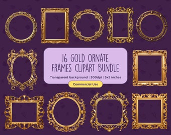 Könnte beinhalten: Ein Set mit 16 goldenen, verzierten Rahmen-Clipart. Die Rahmen sind in verschiedenen Formen und Größen mit aufwendigen Details. Die Rahmen befinden sich auf einem violetten Hintergrund. 16 Goldene Verzierte Rahmen-Clipart. Transparenter Hintergrund | 300dpi | 5x5 Zoll. Kommerzielle Nutzung.
