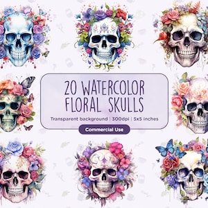 20 Watercolor Floral Skulls - Goth, Skeletons, Halloween, Dia De Los Muertos, Horror, Macabre, Day of Dead, Instant download, Commercial Use