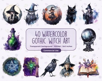 May include: A set of 40 watercolor illustrations featuring gothic witch art. The illustrations include a witch, a cat, a crystal ball, a potion bottle, a raven, a book, a pentagram, and other witchy elements. The illustrations are in a watercolor style and have a dark and mysterious feel.